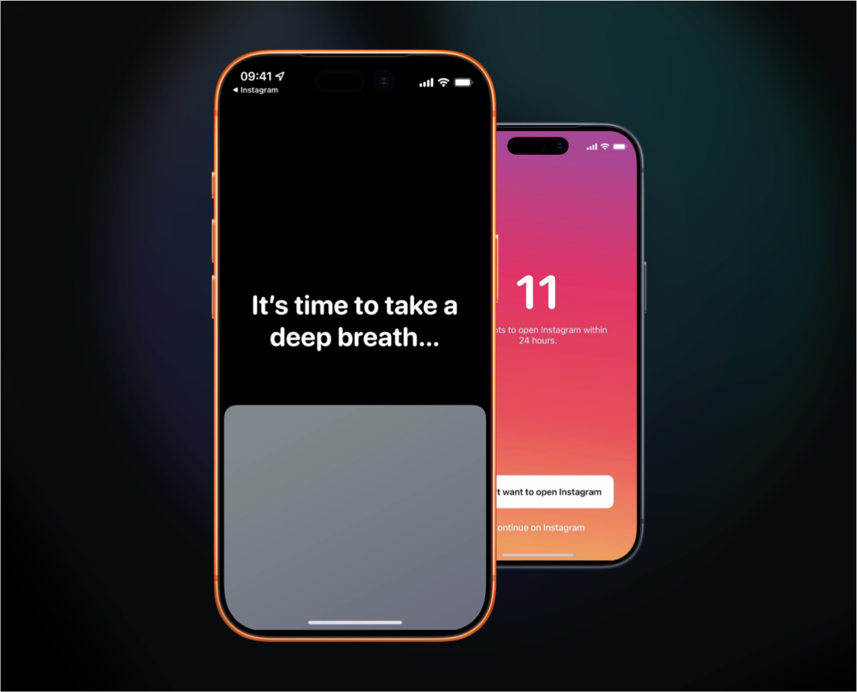 Screenshots of the one sec app showing its breathing exercise pause before opening distracting apps