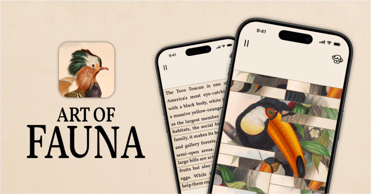 Art of Fauna app icon beside two iPhones, one showing the written description of a toucan and the other the same illustration as a jigsaw puzzle